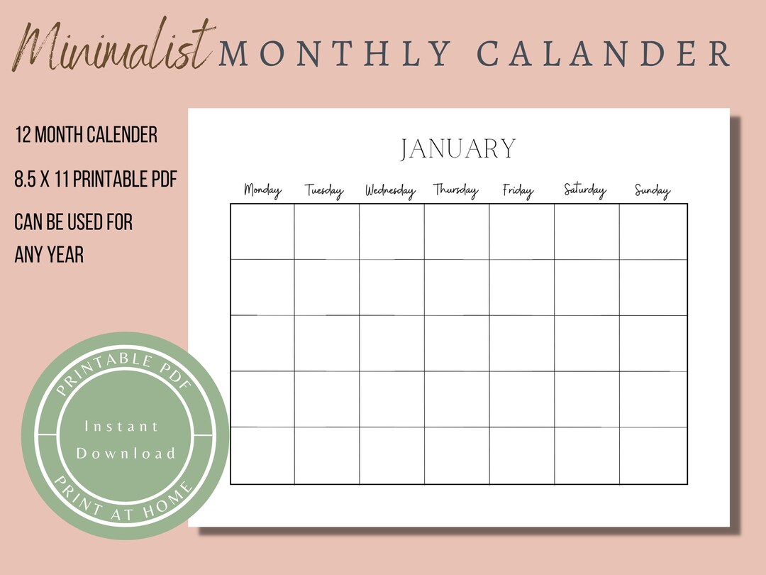 Monthly Calendar Landscape, Printable Calendar, Minimalist Calendar ...