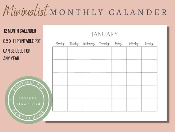 Monthly Calendar Landscape, Printable Calendar, Minimalist Calendar, Calendar  Template. No Specific Year Calendar - Etsy