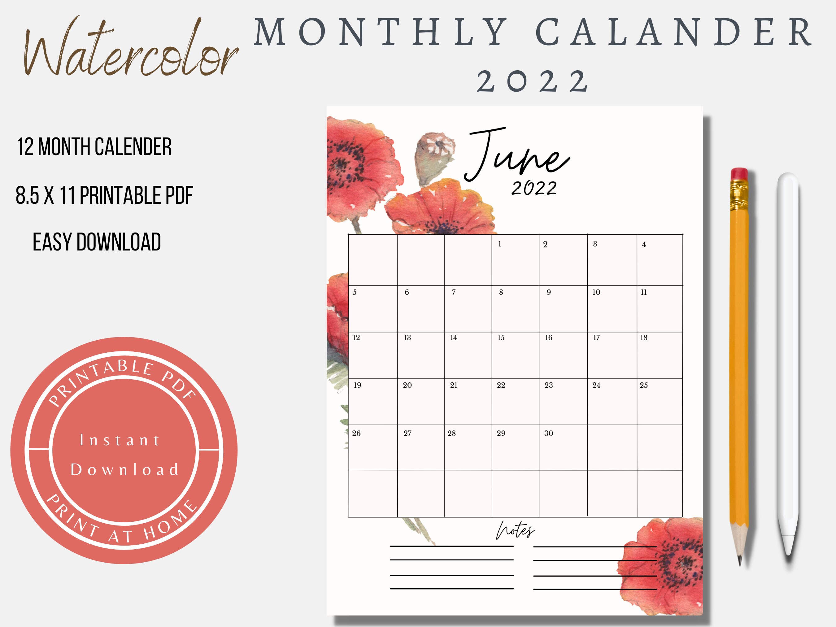 2022 calendar printable pdf printable calendar monthly etsy