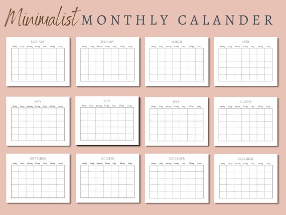 Monthly Calendar Landscape, Printable Calendar, Minimalist Calendar, Calendar  Template. No Specific Year Calendar - Etsy