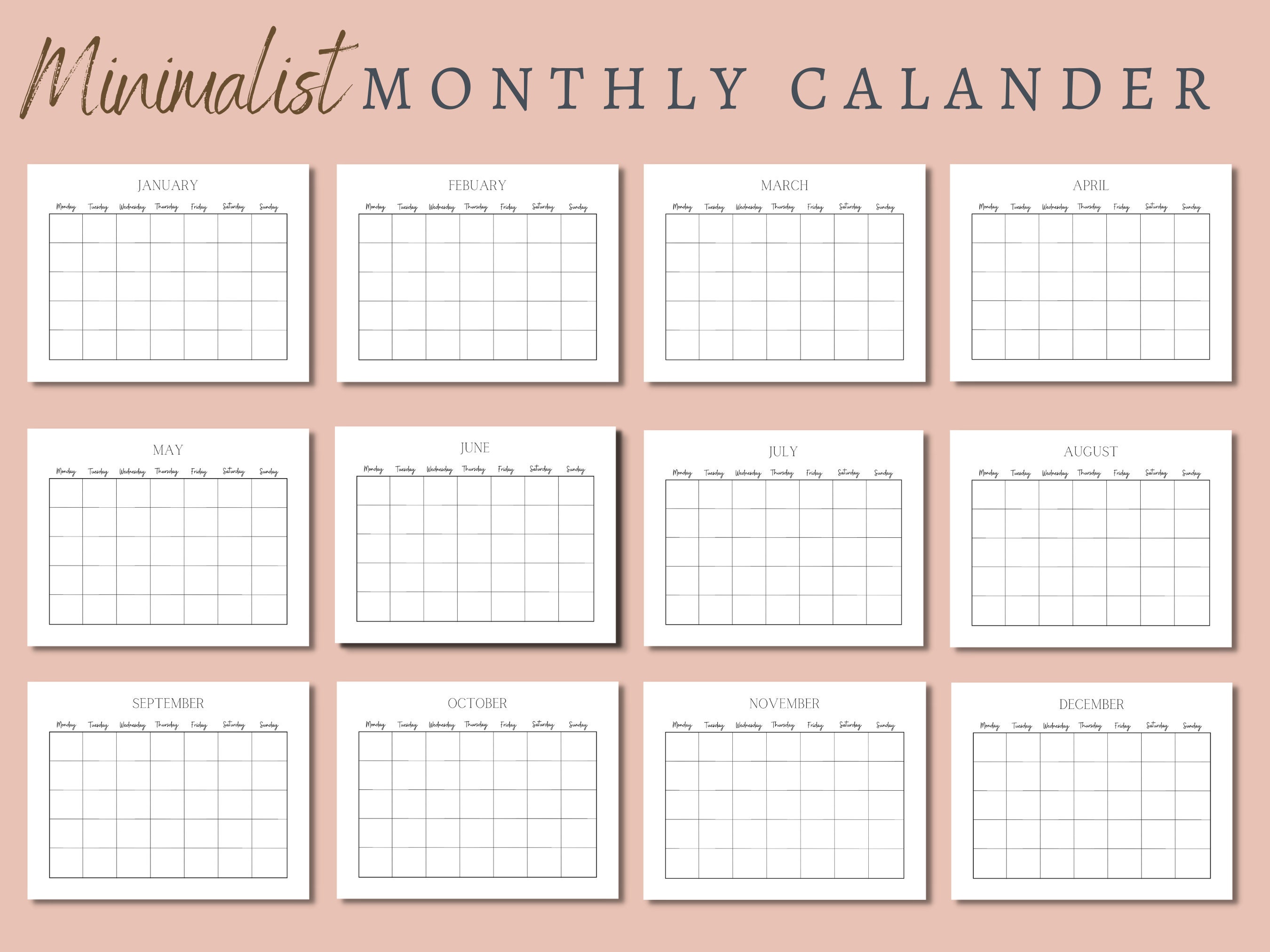 Monthly Calendar Landscape, Printable Calendar, Minimalist Calendar ...