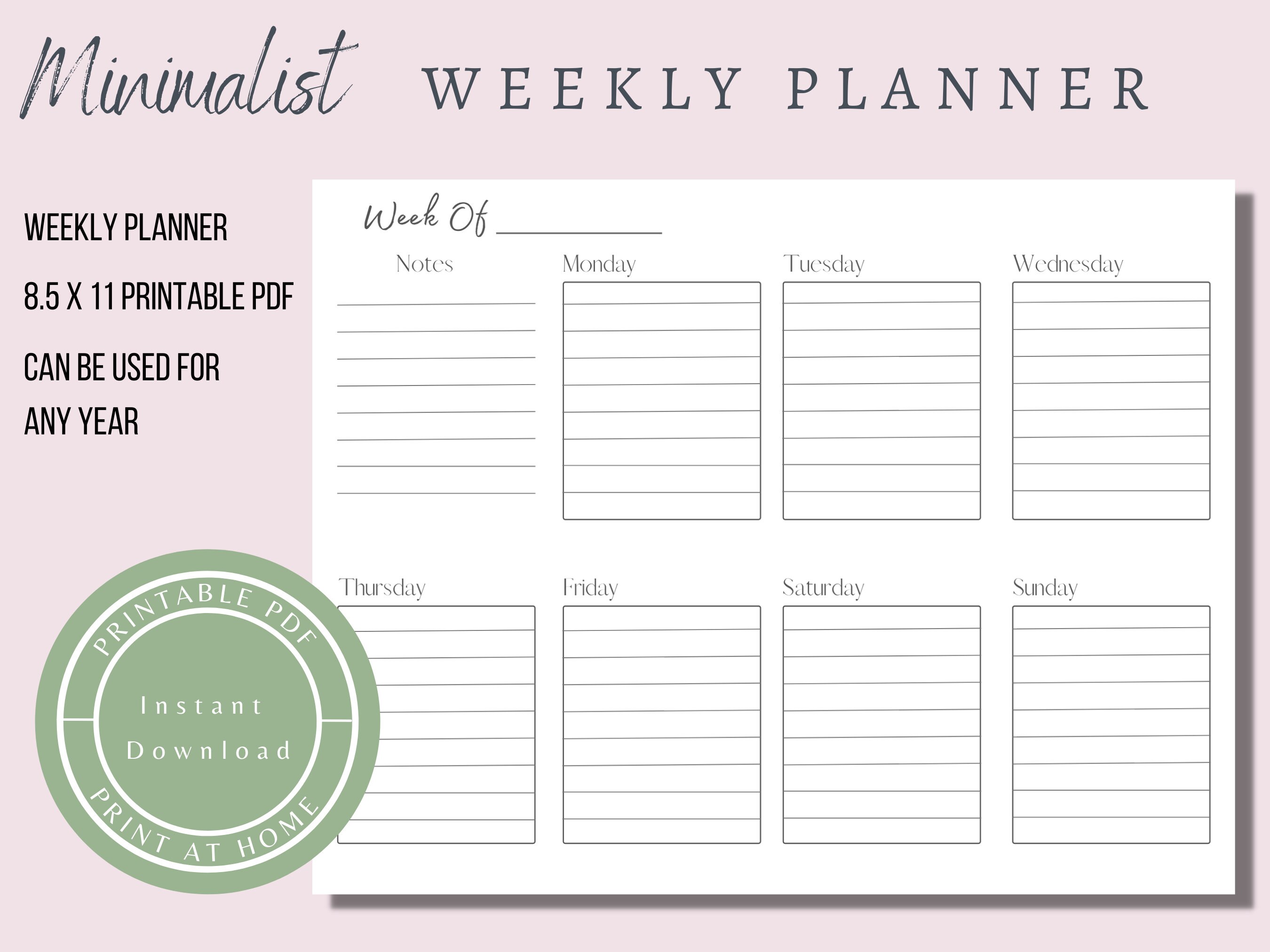 Weekly Planner Printable Minimalist Weekly Schedule Week at a Glance ...