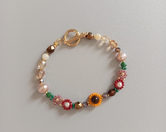 Fall Beaded Bracelet: Pearl, Crystal, Gold Filled Boho Jewelry