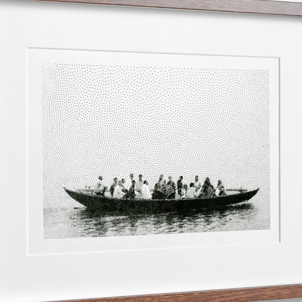 Boot auf dem Ganges - Indien - Geplotterte Zeichnung - Schwarzer Tintenroller auf weißem A4 - Einzelstück - Dotwork