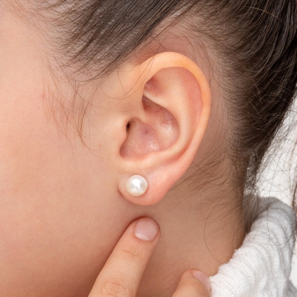 925 Silver Cute Pearl Earrings for kids • 14K Solid Genuine Pearl Pushback Earrings • Kids Pearl Studs
