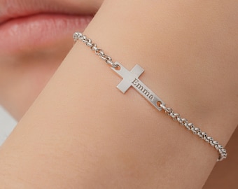 Custom Name Engraved Cross Bracelet • Initial Cross Bracelet • Custom Name Bracelet • Dainty Name Bracelet