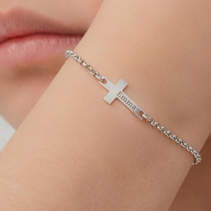 Custom Name Engraved Cross Bracelet • Initial Cross Bracelet • Custom Name Bracelet • Dainty Name Bracelet
