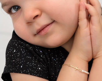 925 Silver|14K Gold Cross & Pearl Bracelet • Faith Jewelry For Kids • Christmas Gift  • Unisex Kids Bracelet