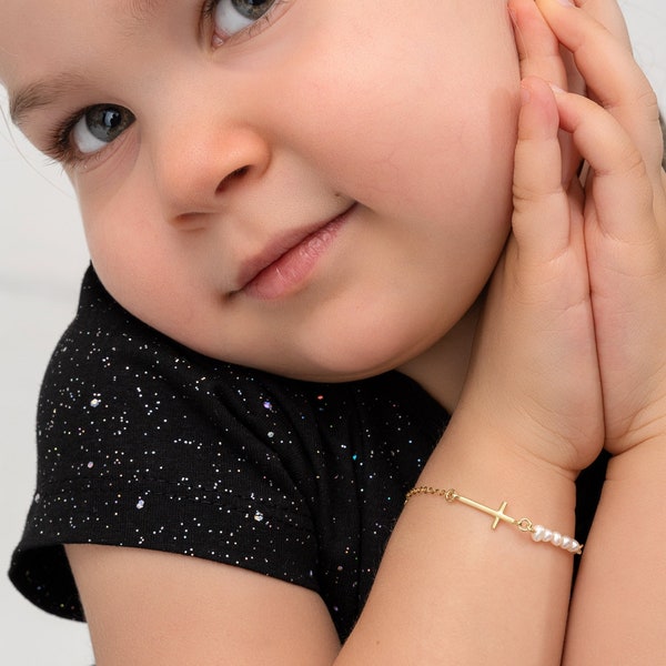925 Silver|14K Gold Cross & Pearl Bracelet • Faith Jewelry For Kids • Christmas Gift  • Unisex Kids Bracelet