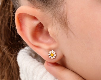 925 Silver Daisy Stud Earrings • 925 Sterling Silver | 14K Gold Earrings • Dainty Birthday Gift • Kids Jewelry