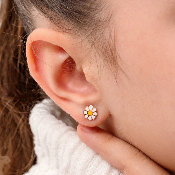 925 Silver Daisy Stud Earrings • 925 Sterling Silver | 14K Gold Earrings • Dainty Birthday Gift • Kids Jewelry