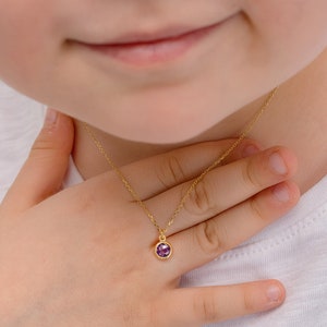 Silver Custom Birthstone Necklace For Kids Kids Dainty Gemstone Necklace Special Luck Birthday Gift for babies image 1