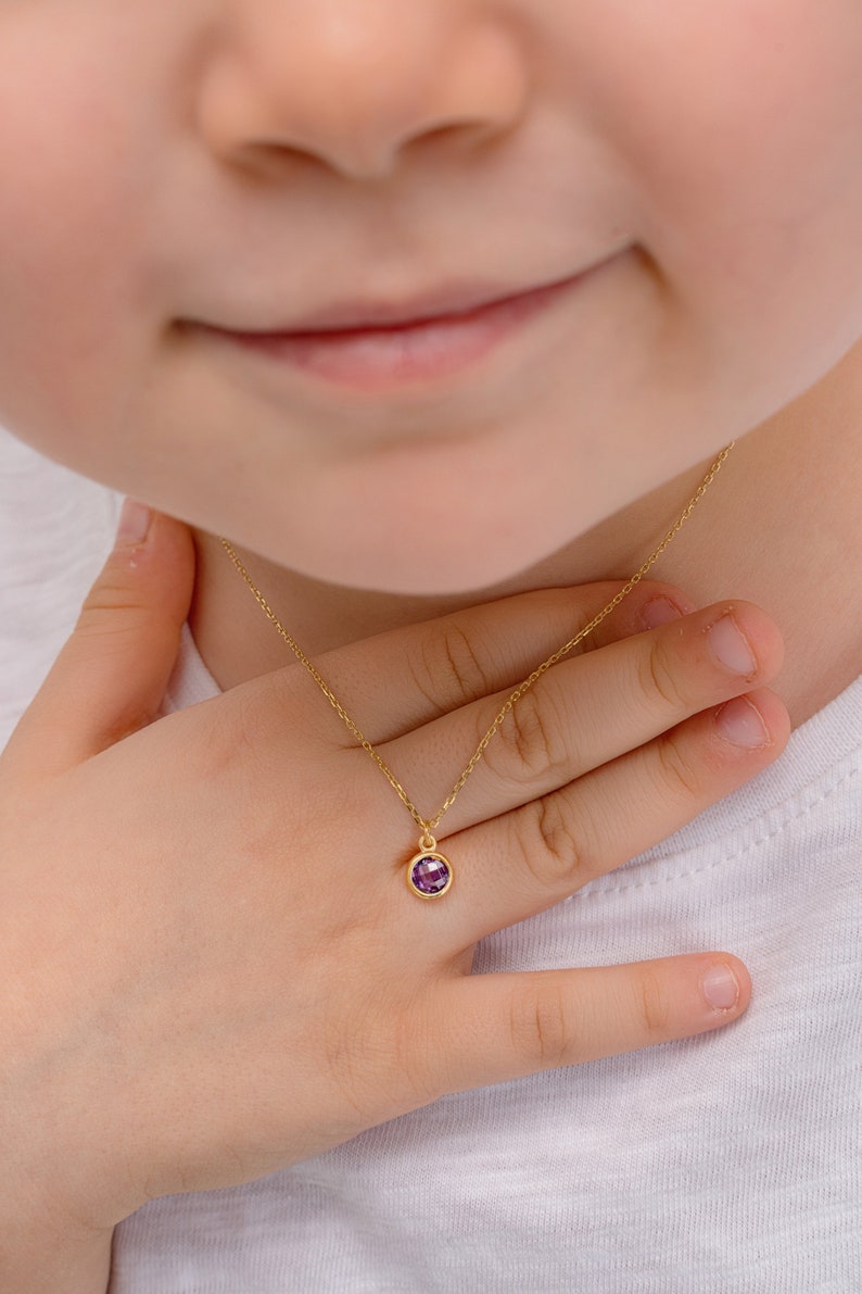 Silver Custom Birthstone Necklace For Kids Kids Dainty Gemstone Necklace Special Luck Birthday Gift for babies image 1