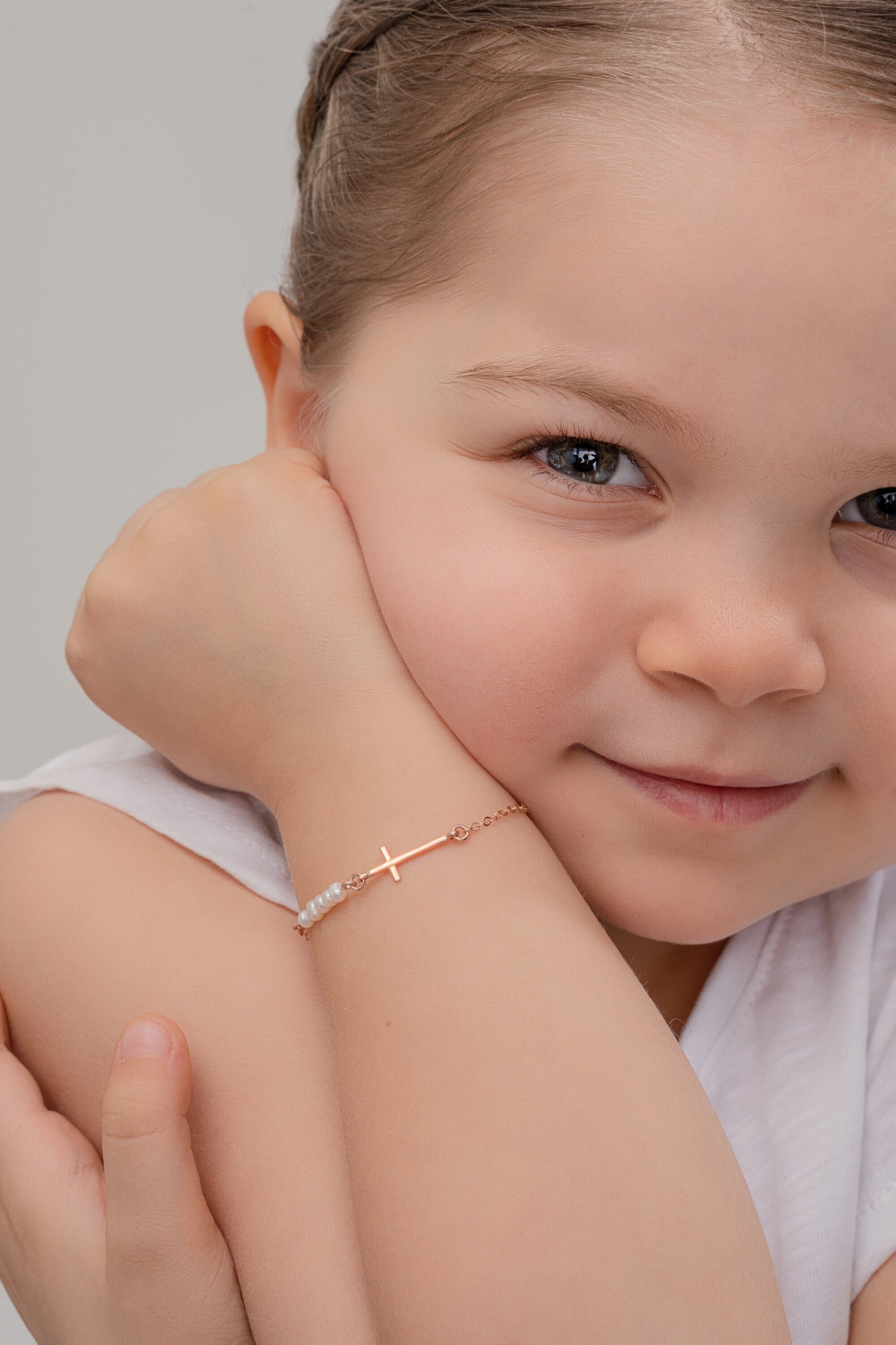 Personalized Initial Bracelet with Cross & Pearl, Faith Jewelry for Kids, Unisex Kids Bracelet, Birthday Gift, Gift for Girl/Boy