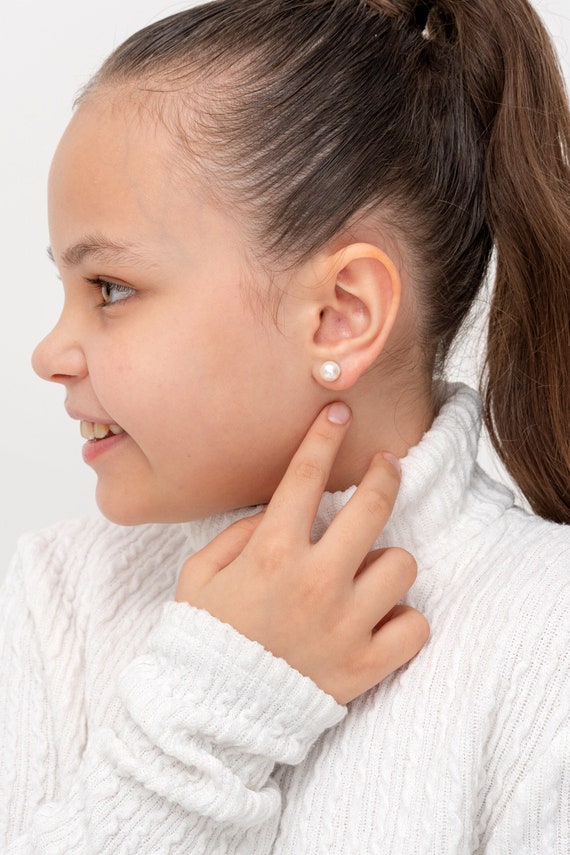 925 Silver Cute Pearl Earrings for kids 14K Solid Genuine Pearl Pushback Earrings Kids Pearl Studs