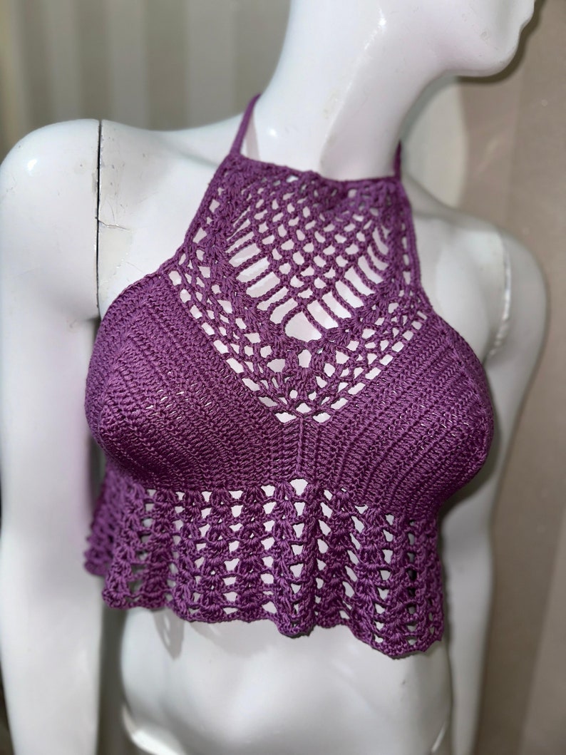 Sexy Backless Halter Purple Daisy Granny Square Crochet Knit Crop Top