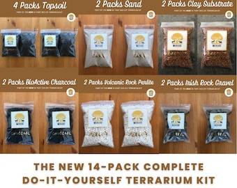 NUEVO kit de bricolaje para terrario de 2 kg: elementos esenciales • Tierra superior • Sustrato orgánico • Carbón biológico • Grava de roca irlandesa • Perlita • Arena • Kit de terrario