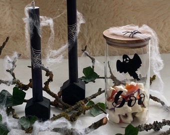 Halloween Dekoration, Kerze mit Spinnwebe, Geisterglas, Kerzenhalter, Vorratsglas, Herbstdeko, Wohnraumdekoration, Tischdeko,