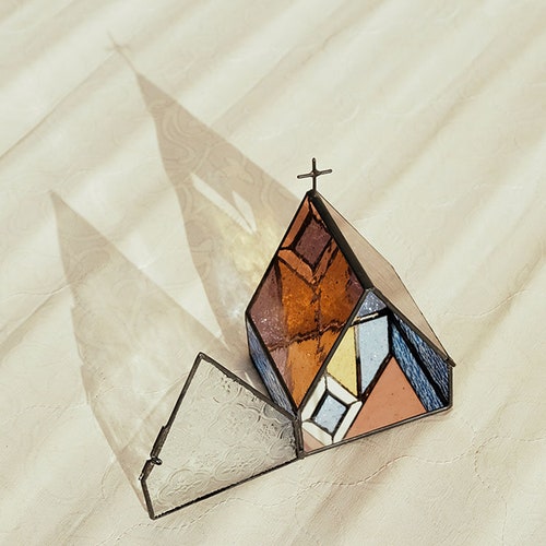 Handmade Glass Church Building Ornaments,European Style Storage shops Decoration,Ambience Gifts,Art Glass,Living Room Ornament,Electronic Candle