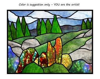 Könnte beinhalten: Eine Illustration im Stil eines Buntglasfensters mit einer Waldlandschaft im Hintergrund und sanften Hügeln im Vordergrund. Die Farben sind grün, blau, grau und gelb.