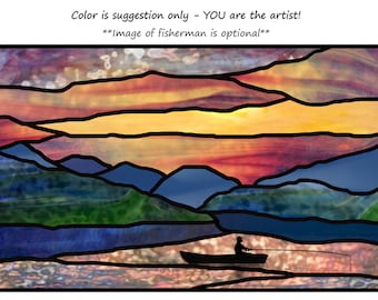 Stained glass pattern for the fisherman in your life. Mountain lake with option of painted silhouette of fisherman. PDF instant download.