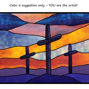 May include: A stained glass style image of three crosses silhouetted against a sunset. The sky is a gradient of blue, pink, and orange. The crosses are black and the ground is purple.