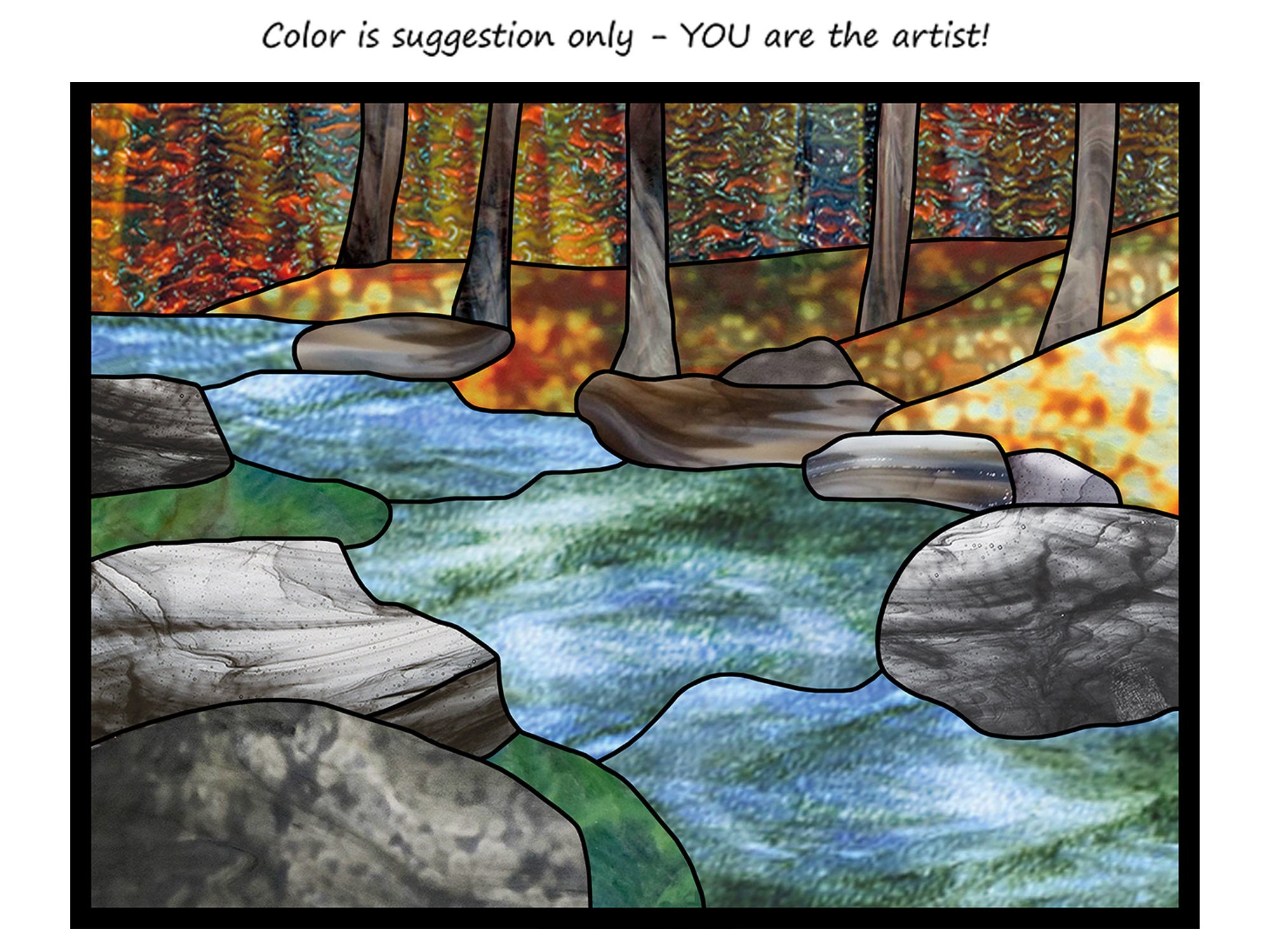 Forest Stream pattern for stained glass, mosaics, quilting, felting, resin art, needlepoint... printable PDF files and instant download.