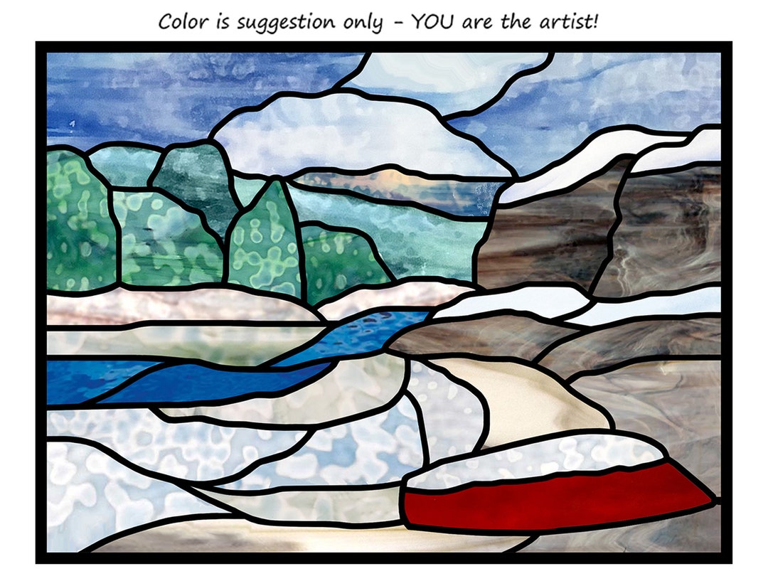 Winter Scene Stained Glass Pattern Snowy Landscape in the Tiffany Style