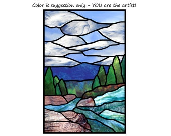Mountain Stream, Tiffany-styled stained glass pattern of trees, distant hills, and a rushing stream. Beautiful outdoor mountain scene.