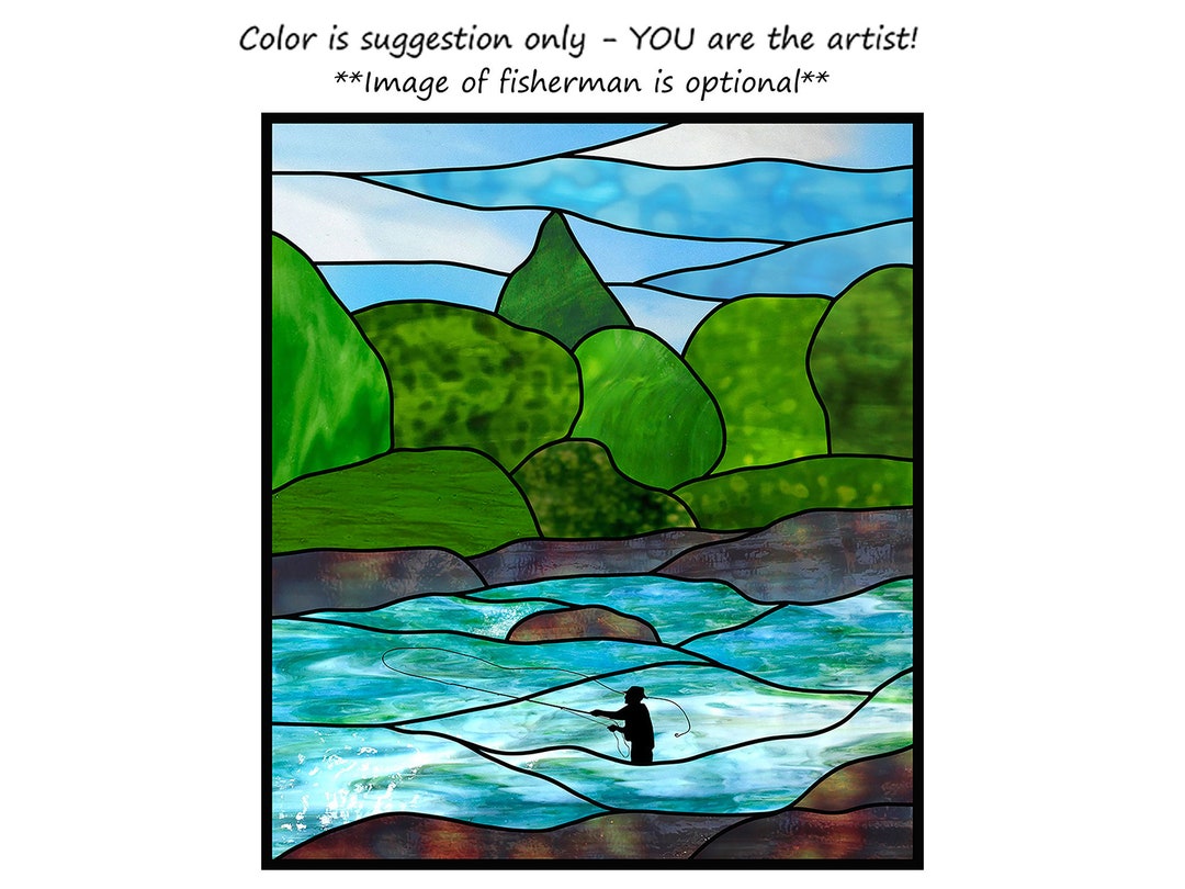 Fly Fishing Stained Glass Pattern Option to Paint Fisherman in Tree