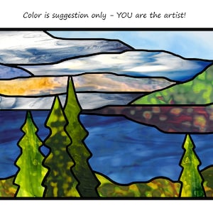 Könnte beinhalten: Ein Bild im Stil eines Buntglasfensters mit einer Berglandschaft und einem See im Vordergrund. Die Berge sind blau und grün, der See ist blau. Im Vordergrund stehen drei grüne Bäume. Der Text "Color is suggestion only - YOU are the artist!" befindet sich oben im Bild.