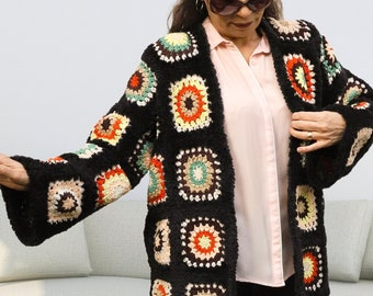 Cárdigan de abuela cuadrado tejido a mano: suéter de patchwork de algodón estilo vintage