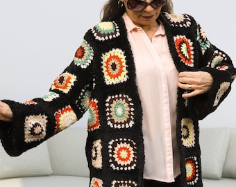 Granny Square Jacket, Hand Knit Boho Coat, Vintage Style Patchwork Jacket, Ready to Ship, Best Gift for Her