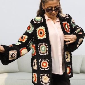 Hand Knit Granny Square Cotton Jacket: Boho Crochet Coat