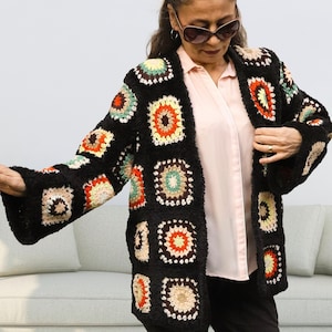 All Seasons Cotton Granny Square Sweater, Hand Crochet Boho Cozy Jacket, Black and Vivid Colours