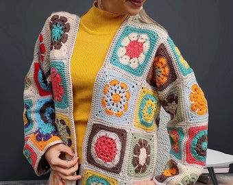 Cárdigan de ganchillo patchwork estilo abuela con cuadrados: suéter de algodón de estilo vintage
