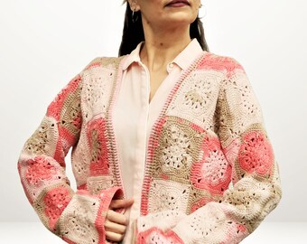All Seasons Cotton Granny Square Sweater, Hand Crochet Boho Cozy Jacket, Shades of Pink and Beige Colours, Best Gift for Her,Ready to Ship!