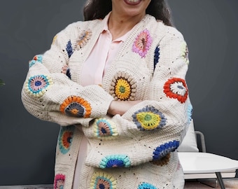 All Seasons Cotton Granny Square Sweater, Hand Crochet Boho Cozy Jacket, Beige and Pastel Colours, Best Gift for Her, Ready to Ship!
