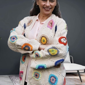 All Seasons Cotton Granny Square Sweater, Hand Crochet Boho Cozy Jacket, Beige and Pastel Colours, Best Gift for Her, Ready to Ship!