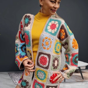 All Seasons Cotton Granny Square Sweater, Hand Crochet Boho Cozy Jacket, Shades of Beige and Pastel Colours,Best Gift for Her,Ready to Ship!