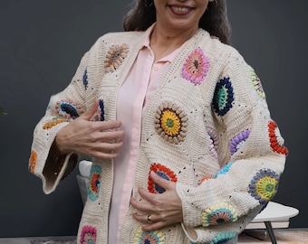 Patchwork Sweater, Cardigan with All Seasons Cotton Granny Squares, Vintage Style Patchwork Cardigan, Ready to Ship, Best Gift for Her