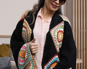 Granny Square Jacket, Hand Knit Boho Coat, Vintage Style Patchwork Jacket, Ready to Ship, Best Gift for Her