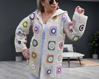 All Seasons Cotton Granny Square Sweater, Hand Crochet Boho Cozy Jacket, Beige and Vivid Colours, Hooded, Best Gift for Her, Ready to Ship!