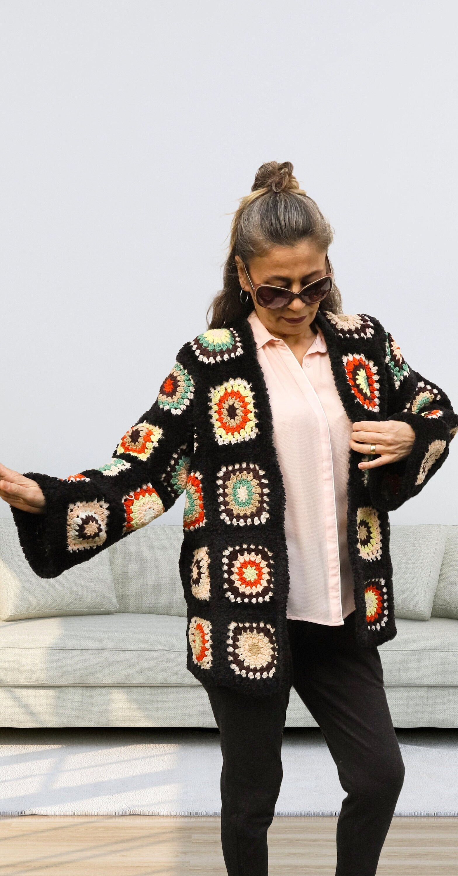 Granny Square Jacket, Hand Knit Boho Coat, Vintage Style Patchwork Jacket, Ready to Ship, Best Gift for Her