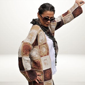 Hand Knit Granny Square Jacket: Boho Patchwork Cotton Coat