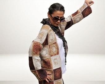 Granny Square Jacket, Hand Knit Boho Coat, Vintage Style Patchwork Jacket, Best Gift for Her, Ready to Ship!