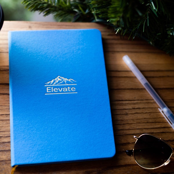 Elevate Journal - Blue Linen Cover with Gold Mountain, 8x5, 90 Pages - Ideal for Book Tracking, Meditation, Gratitude