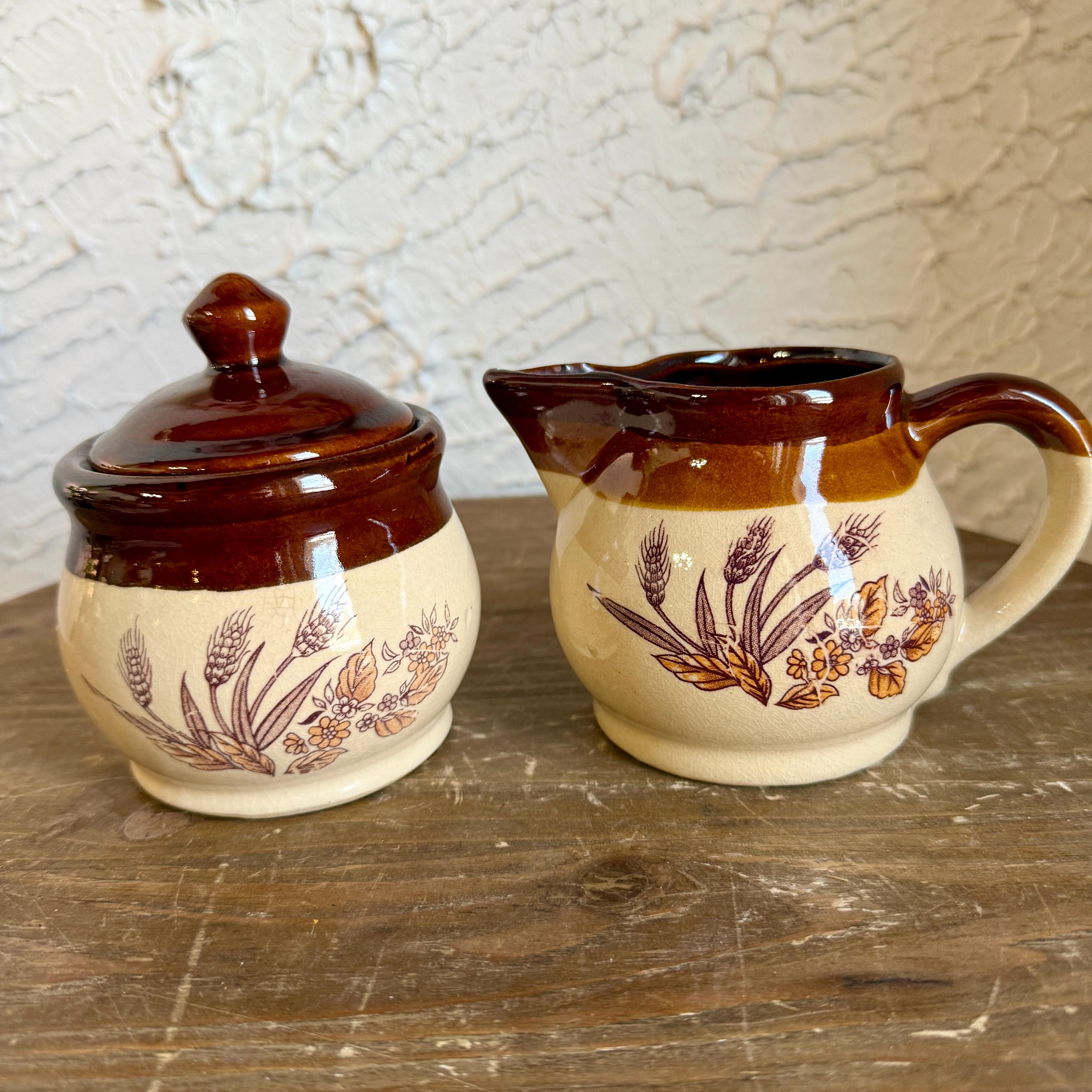 Vintage Stoneware Creamer and Sugar Bowl Set | Brown Drip Glaze Wheat ...