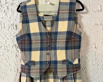 Vintage Plaid Wool Skirt Set Scottish Tartan 2 Piece Vest Outfit Preppy Academia Cottagecore Women Small