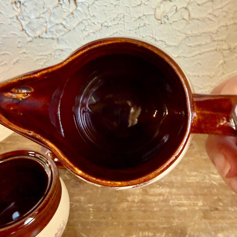 Vintage Stoneware Creamer and Sugar Bowl Set | Brown Drip Glaze Wheat ...